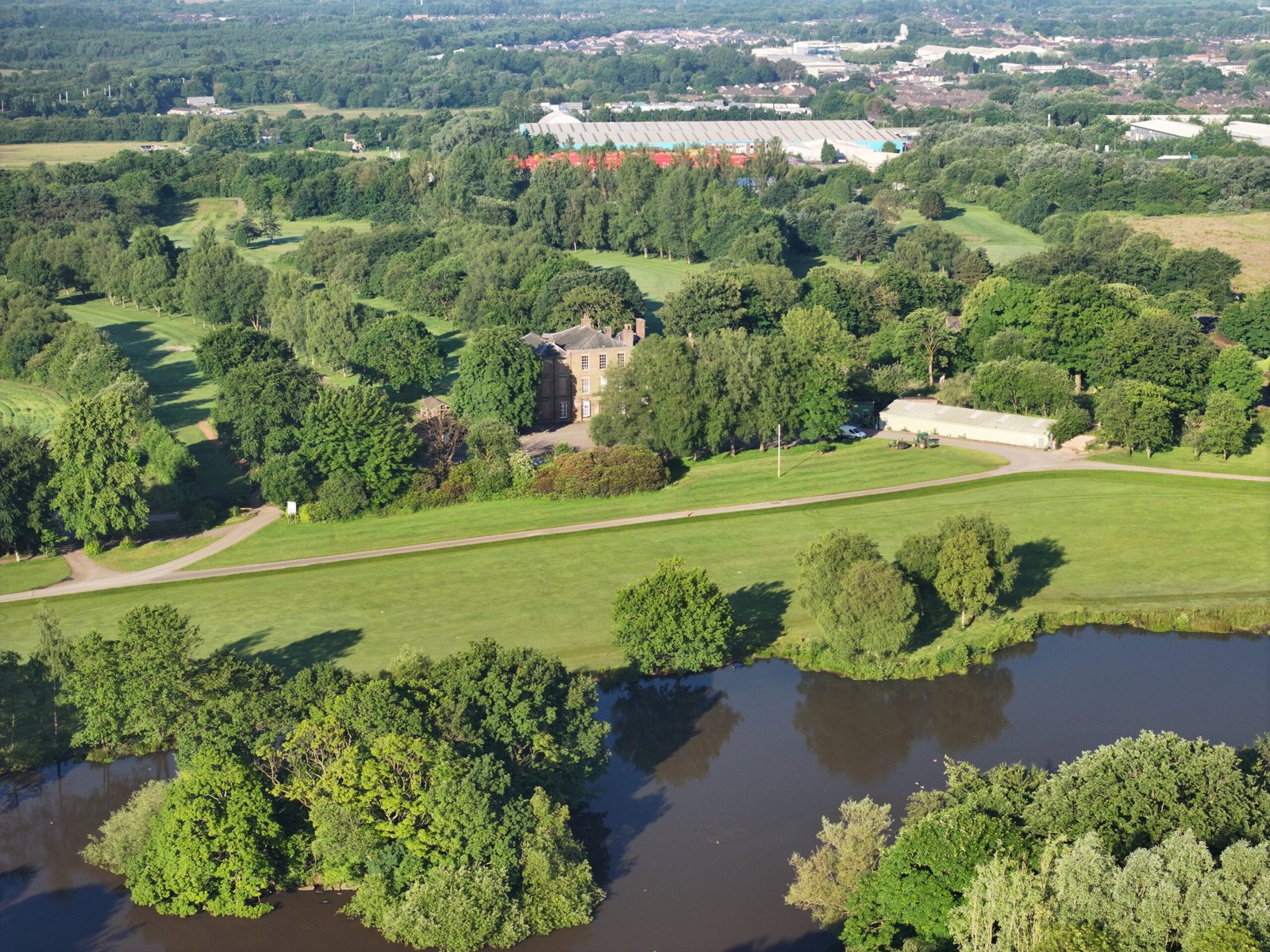 Hindley Hall Golf Club aerial view of lake and Hall