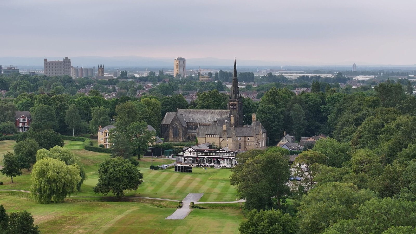 Wide-angle drone view of course terrain at Worsley Golf Club