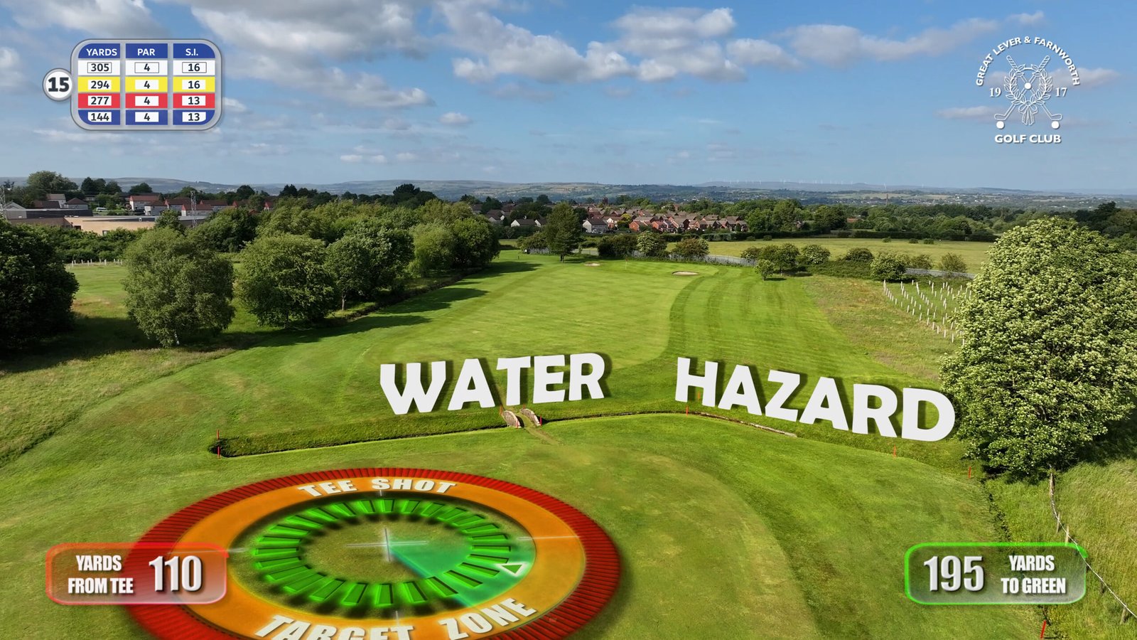 Aerial view and on-course graphics at Great Lever & Farnworth Golf Club, Bolton