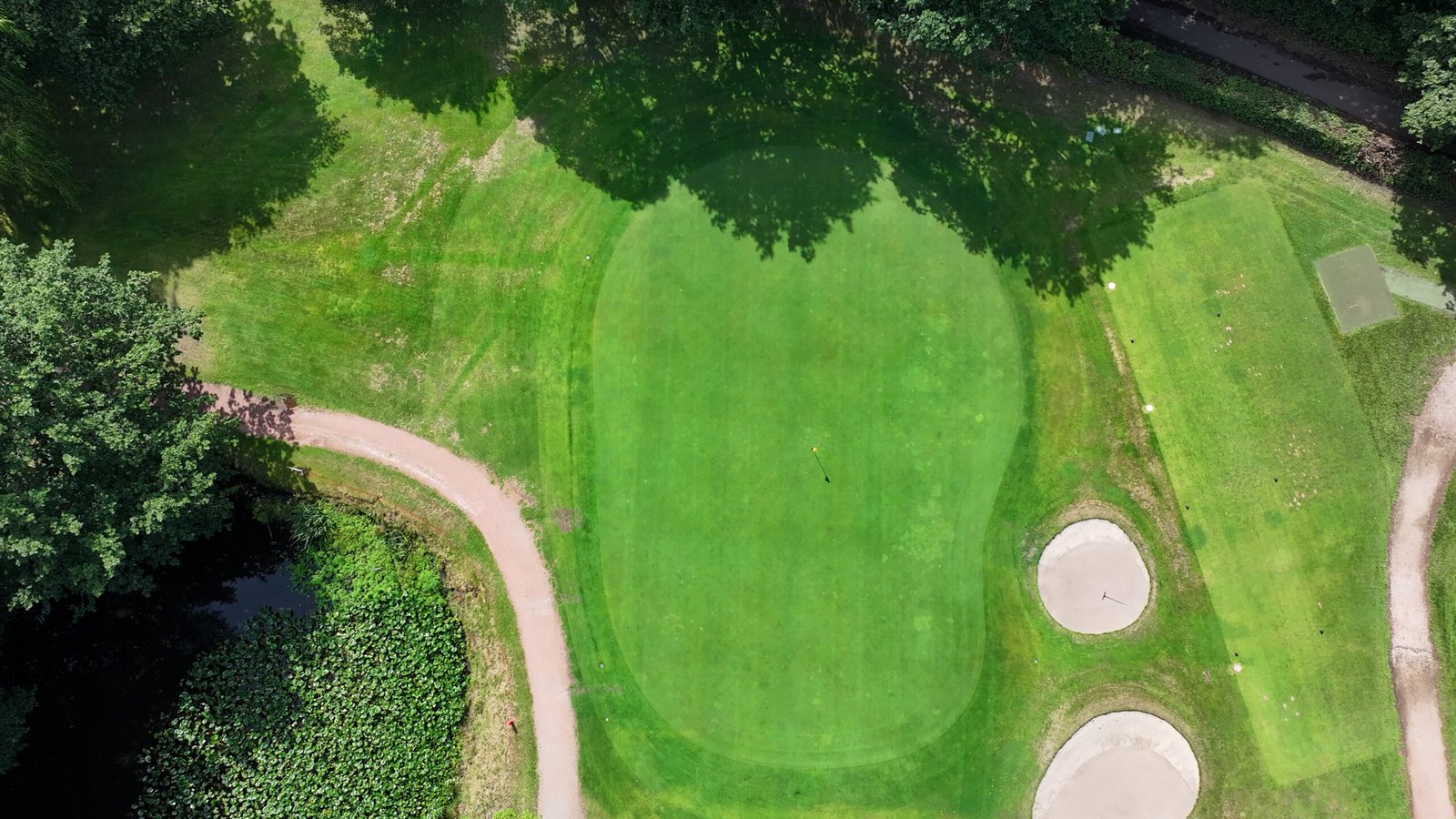 Top-down drone view of the green at Worsley Golf Club