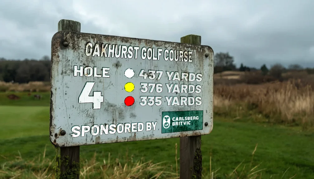 Traditional static golf sponsorship sign on course