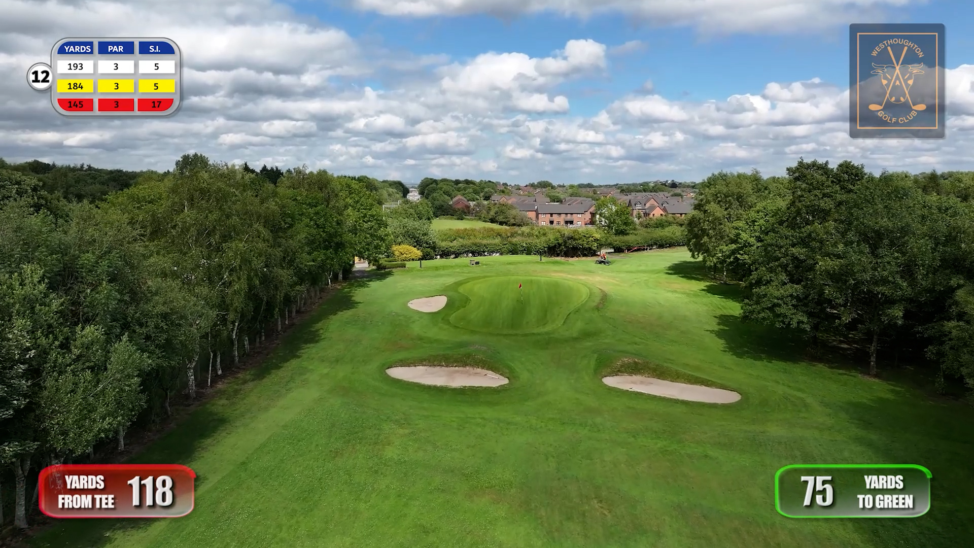 Drone flythrough of golf course fairway and green